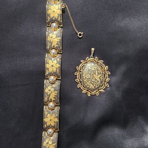 Vintage Damascene Victorian-Style Black and Gold Floral Bracelet & Pendant Set